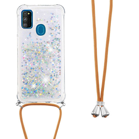 Silikon Hülle Handyhülle Gummi Schutzhülle Flexible Tasche Bling-Bling mit Schlüsselband Lanyard S03 für Samsung Galaxy M30s Silber
