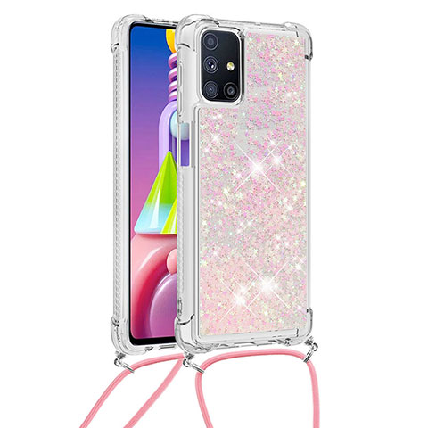 Silikon Hülle Handyhülle Gummi Schutzhülle Flexible Tasche Bling-Bling mit Schlüsselband Lanyard S03 für Samsung Galaxy M51 Rosa