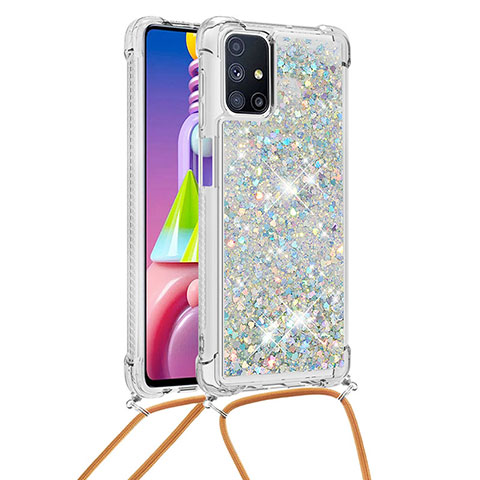 Silikon Hülle Handyhülle Gummi Schutzhülle Flexible Tasche Bling-Bling mit Schlüsselband Lanyard S03 für Samsung Galaxy M51 Silber