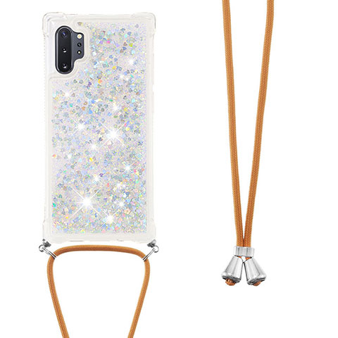 Silikon Hülle Handyhülle Gummi Schutzhülle Flexible Tasche Bling-Bling mit Schlüsselband Lanyard S03 für Samsung Galaxy Note 10 Plus 5G Silber