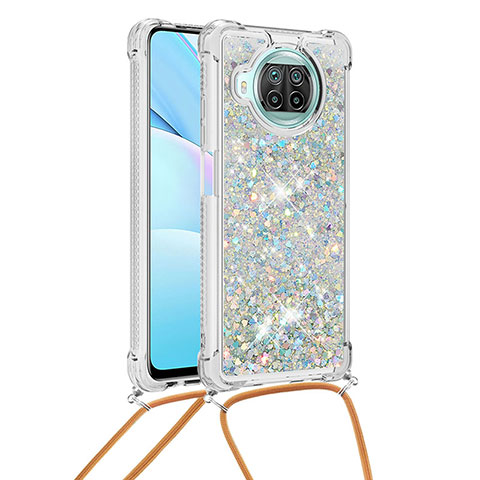 Silikon Hülle Handyhülle Gummi Schutzhülle Flexible Tasche Bling-Bling mit Schlüsselband Lanyard S03 für Xiaomi Mi 10T Lite 5G Silber