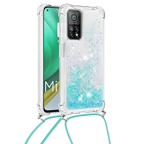 Silikon Hülle Handyhülle Gummi Schutzhülle Flexible Tasche Bling-Bling mit Schlüsselband Lanyard S03 für Xiaomi Mi 10T Pro 5G Hellblau