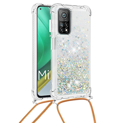 Silikon Hülle Handyhülle Gummi Schutzhülle Flexible Tasche Bling-Bling mit Schlüsselband Lanyard S03 für Xiaomi Mi 10T Pro 5G Silber