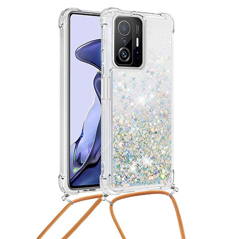 Silikon Hülle Handyhülle Gummi Schutzhülle Flexible Tasche Bling-Bling mit Schlüsselband Lanyard S03 für Xiaomi Mi 11T Pro 5G Silber