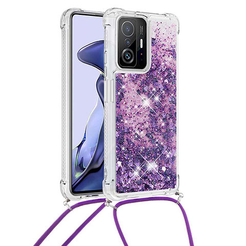 Silikon Hülle Handyhülle Gummi Schutzhülle Flexible Tasche Bling-Bling mit Schlüsselband Lanyard S03 für Xiaomi Mi 11T Pro 5G Violett