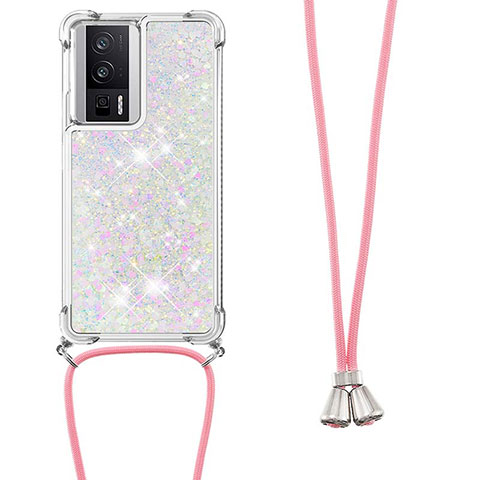 Silikon Hülle Handyhülle Gummi Schutzhülle Flexible Tasche Bling-Bling mit Schlüsselband Lanyard S03 für Xiaomi Poco F5 Pro 5G Rosa