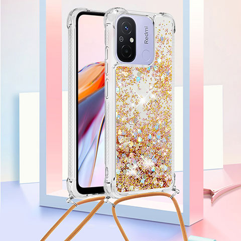 Silikon Hülle Handyhülle Gummi Schutzhülle Flexible Tasche Bling-Bling mit Schlüsselband Lanyard S03 für Xiaomi Redmi 11A 4G Gold