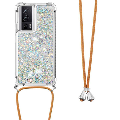 Silikon Hülle Handyhülle Gummi Schutzhülle Flexible Tasche Bling-Bling mit Schlüsselband Lanyard S03 für Xiaomi Redmi K60 5G Silber