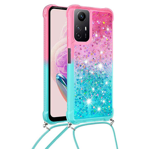 Silikon Hülle Handyhülle Gummi Schutzhülle Flexible Tasche Bling-Bling mit Schlüsselband Lanyard YB1 für Xiaomi Redmi Note 12S Rosa