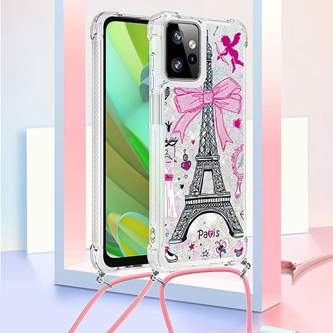 Silikon Hülle Handyhülle Gummi Schutzhülle Flexible Tasche Bling-Bling mit Schlüsselband Lanyard YB2 für Motorola Moto G Power 5G (2023) Rosa