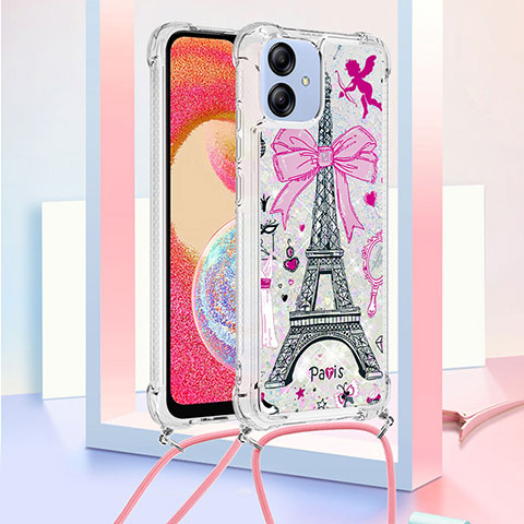 Silikon Hülle Handyhülle Gummi Schutzhülle Flexible Tasche Bling-Bling mit Schlüsselband Lanyard YB2 für Samsung Galaxy A04E Rosegold