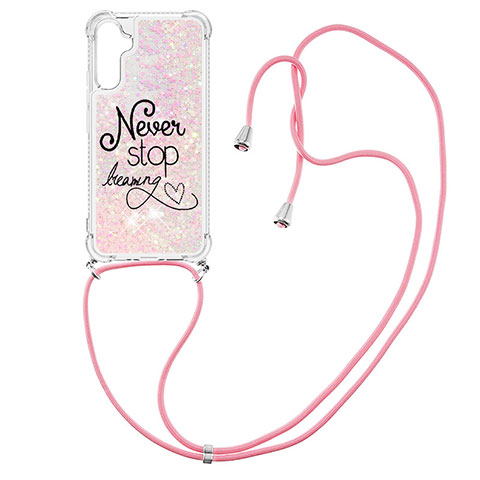 Silikon Hülle Handyhülle Gummi Schutzhülle Flexible Tasche Bling-Bling mit Schlüsselband Lanyard YB2 für Samsung Galaxy A34 5G Rosa