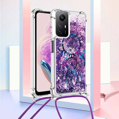 Silikon Hülle Handyhülle Gummi Schutzhülle Flexible Tasche Bling-Bling mit Schlüsselband Lanyard YB2 für Xiaomi Redmi Note 12S Violett