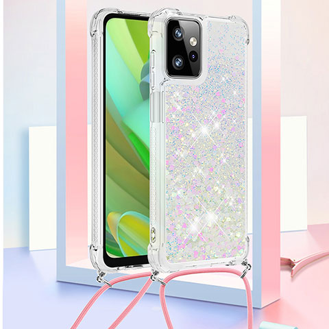 Silikon Hülle Handyhülle Gummi Schutzhülle Flexible Tasche Bling-Bling mit Schlüsselband Lanyard YB3 für Motorola Moto G Power 5G (2023) Silber