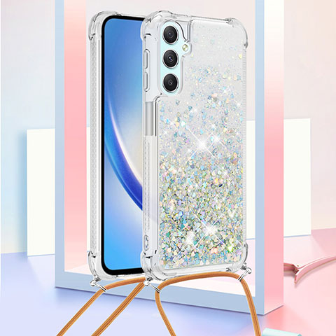 Silikon Hülle Handyhülle Gummi Schutzhülle Flexible Tasche Bling-Bling mit Schlüsselband Lanyard YB3 für Samsung Galaxy A24 4G Hellblau