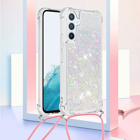 Silikon Hülle Handyhülle Gummi Schutzhülle Flexible Tasche Bling-Bling mit Schlüsselband Lanyard YB3 für Samsung Galaxy A54 5G Silber