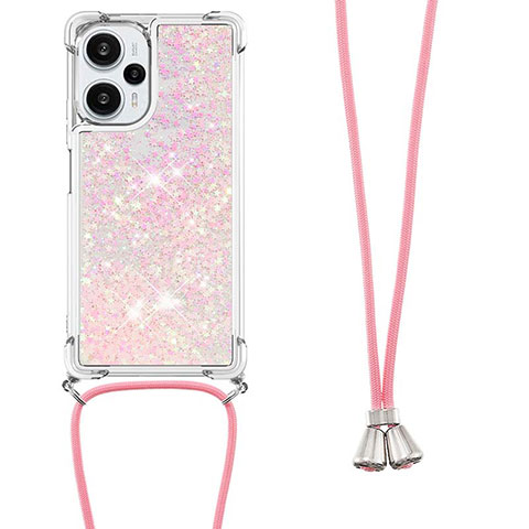 Silikon Hülle Handyhülle Gummi Schutzhülle Flexible Tasche Bling-Bling mit Schlüsselband Lanyard YB3 für Xiaomi Redmi Note 12 Turbo 5G Rosegold