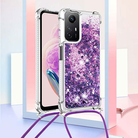 Silikon Hülle Handyhülle Gummi Schutzhülle Flexible Tasche Bling-Bling mit Schlüsselband Lanyard YB3 für Xiaomi Redmi Note 12S Violett