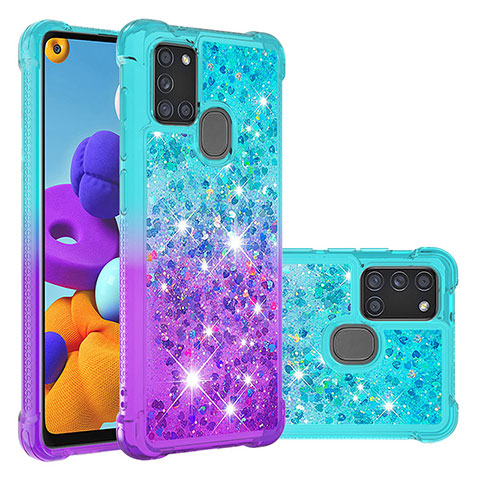 Silikon Hülle Handyhülle Gummi Schutzhülle Flexible Tasche Bling-Bling S02 für Samsung Galaxy A21s Hellblau