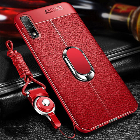 Silikon Hülle Handyhülle Gummi Schutzhülle Leder Tasche mit Magnetisch Fingerring Ständer für Huawei Honor 9X Rot