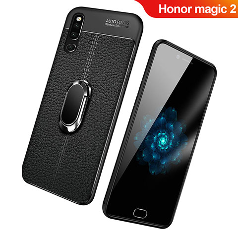 Silikon Hülle Handyhülle Gummi Schutzhülle Leder Tasche mit Magnetisch Fingerring Ständer für Huawei Honor Magic 2 Schwarz