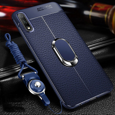 Silikon Hülle Handyhülle Gummi Schutzhülle Leder Tasche mit Magnetisch Fingerring Ständer für Huawei P Smart Z (2019) Blau