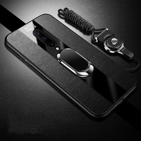 Silikon Hülle Handyhülle Gummi Schutzhülle Leder Tasche mit Magnetisch Fingerring Ständer für OnePlus 8 Schwarz