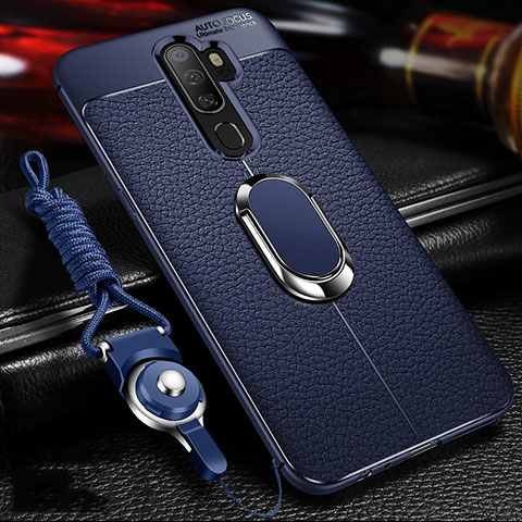 Silikon Hülle Handyhülle Gummi Schutzhülle Leder Tasche mit Magnetisch Fingerring Ständer für Oppo A11X Blau