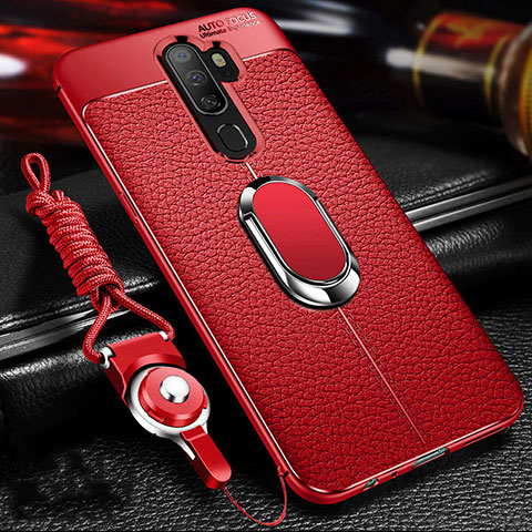 Silikon Hülle Handyhülle Gummi Schutzhülle Leder Tasche mit Magnetisch Fingerring Ständer für Oppo A11X Rot