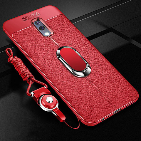 Silikon Hülle Handyhülle Gummi Schutzhülle Leder Tasche mit Magnetisch Fingerring Ständer für Oppo K3 Rot