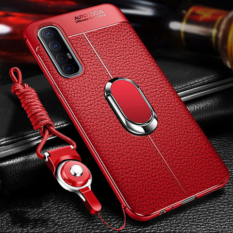 Silikon Hülle Handyhülle Gummi Schutzhülle Leder Tasche mit Magnetisch Fingerring Ständer für Oppo Reno3 Pro Rot