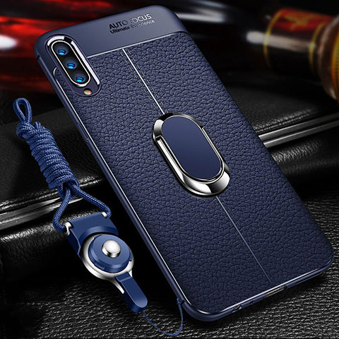 Silikon Hülle Handyhülle Gummi Schutzhülle Leder Tasche mit Magnetisch Fingerring Ständer für Samsung Galaxy A70 Blau