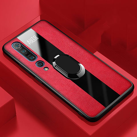 Silikon Hülle Handyhülle Gummi Schutzhülle Leder Tasche mit Magnetisch Fingerring Ständer für Xiaomi Mi 10 Pro Rot