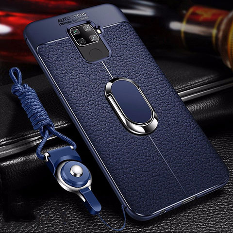 Silikon Hülle Handyhülle Gummi Schutzhülle Leder Tasche mit Magnetisch Fingerring Ständer S01 für Huawei Mate 30 Lite Blau