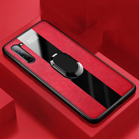 Silikon Hülle Handyhülle Gummi Schutzhülle Leder Tasche mit Magnetisch Fingerring Ständer S01 für Oppo F15 Rot