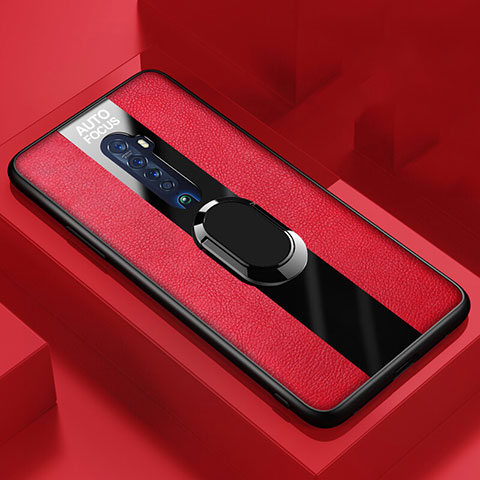 Silikon Hülle Handyhülle Gummi Schutzhülle Leder Tasche mit Magnetisch Fingerring Ständer S01 für Oppo Reno2 Rot