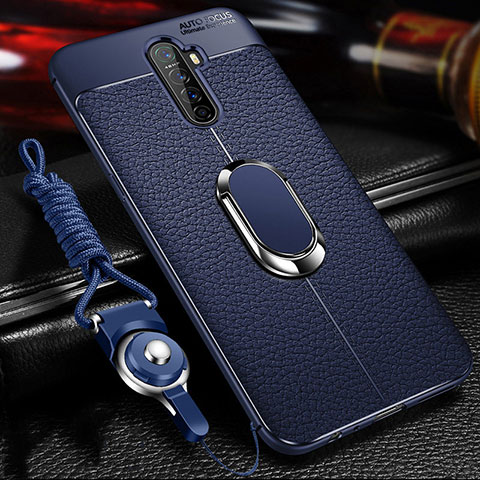 Silikon Hülle Handyhülle Gummi Schutzhülle Leder Tasche mit Magnetisch Fingerring Ständer S02 für Oppo Reno Ace Blau