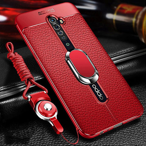 Silikon Hülle Handyhülle Gummi Schutzhülle Leder Tasche mit Magnetisch Fingerring Ständer S02 für Oppo Reno2 Rot