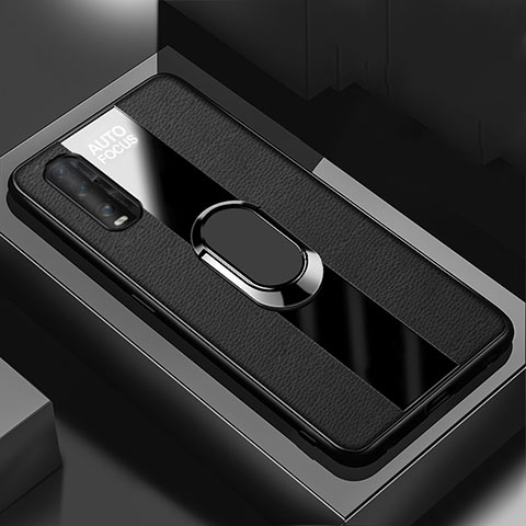 Silikon Hülle Handyhülle Gummi Schutzhülle Leder Tasche mit Magnetisch Fingerring Ständer S03 für Oppo Find X2 Schwarz