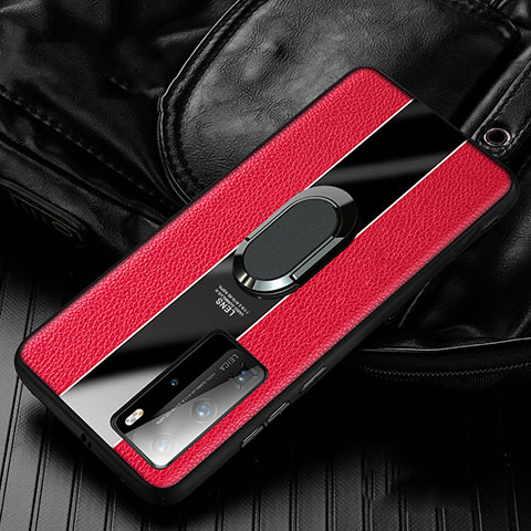 Silikon Hülle Handyhülle Gummi Schutzhülle Leder Tasche mit Magnetisch Fingerring Ständer S04 für Huawei P40 Pro Rot