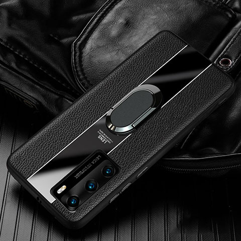 Silikon Hülle Handyhülle Gummi Schutzhülle Leder Tasche mit Magnetisch Fingerring Ständer S04 für Huawei P40 Schwarz