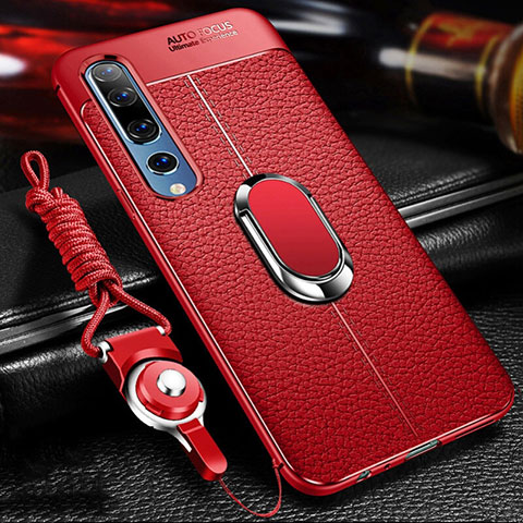 Silikon Hülle Handyhülle Gummi Schutzhülle Leder Tasche mit Magnetisch Fingerring Ständer S04 für Xiaomi Mi 10 Rot