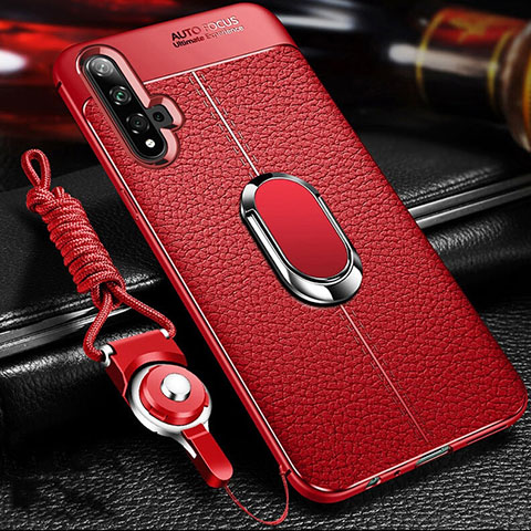 Silikon Hülle Handyhülle Gummi Schutzhülle Leder Tasche mit Magnetisch Fingerring Ständer T01 für Huawei Honor 20 Rot