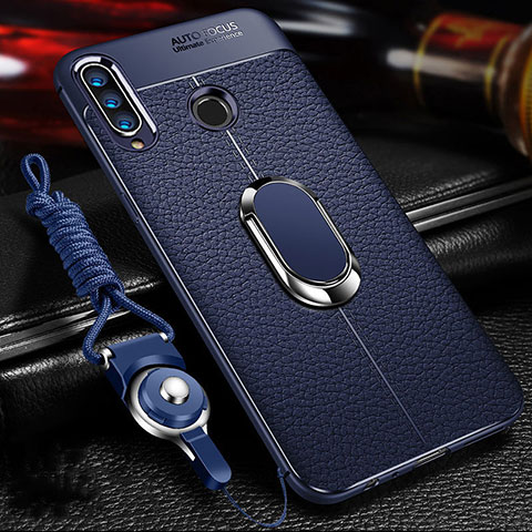 Silikon Hülle Handyhülle Gummi Schutzhülle Leder Tasche mit Magnetisch Fingerring Ständer T01 für Huawei Honor 20E Blau