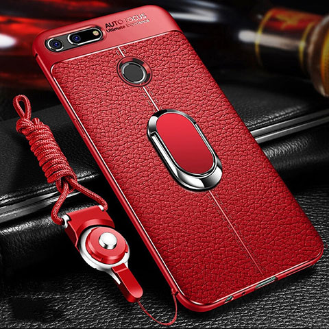 Silikon Hülle Handyhülle Gummi Schutzhülle Leder Tasche mit Magnetisch Fingerring Ständer T01 für Huawei Honor View 20 Rot