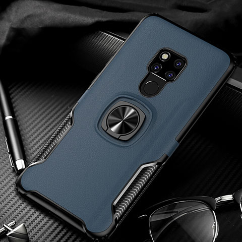 Silikon Hülle Handyhülle Gummi Schutzhülle Leder Tasche mit Magnetisch Fingerring Ständer T01 für Huawei Mate 20 Blau