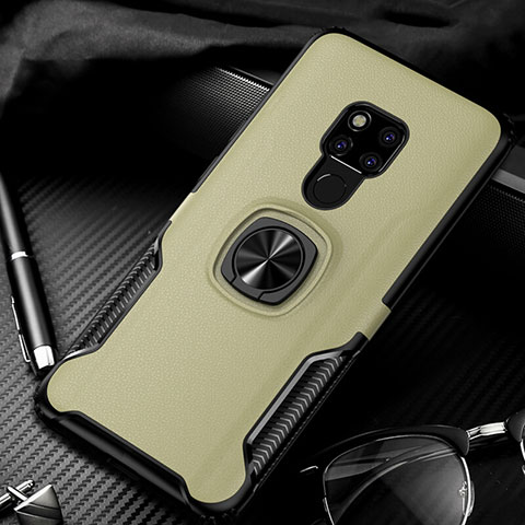 Silikon Hülle Handyhülle Gummi Schutzhülle Leder Tasche mit Magnetisch Fingerring Ständer T01 für Huawei Mate 20 Gold