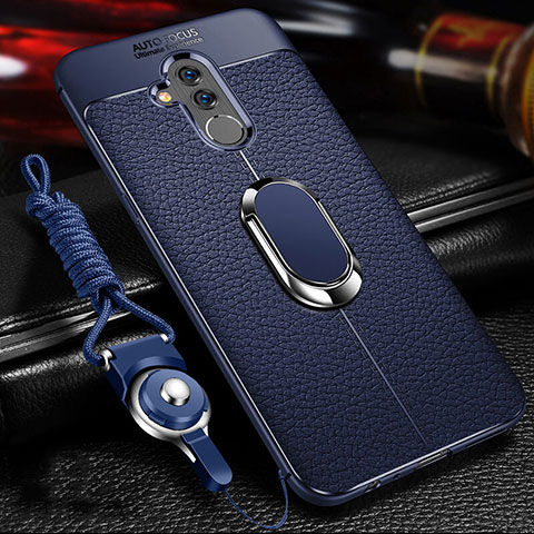 Silikon Hülle Handyhülle Gummi Schutzhülle Leder Tasche mit Magnetisch Fingerring Ständer T01 für Huawei Mate 20 Lite Blau