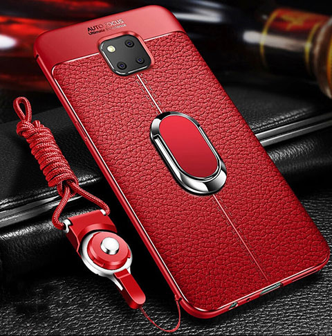 Silikon Hülle Handyhülle Gummi Schutzhülle Leder Tasche mit Magnetisch Fingerring Ständer T01 für Huawei Mate 20 Pro Rot