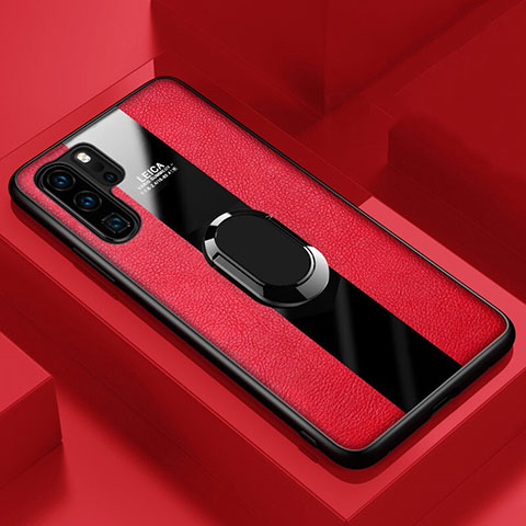 Silikon Hülle Handyhülle Gummi Schutzhülle Leder Tasche mit Magnetisch Fingerring Ständer T01 für Huawei P30 Pro New Edition Rot